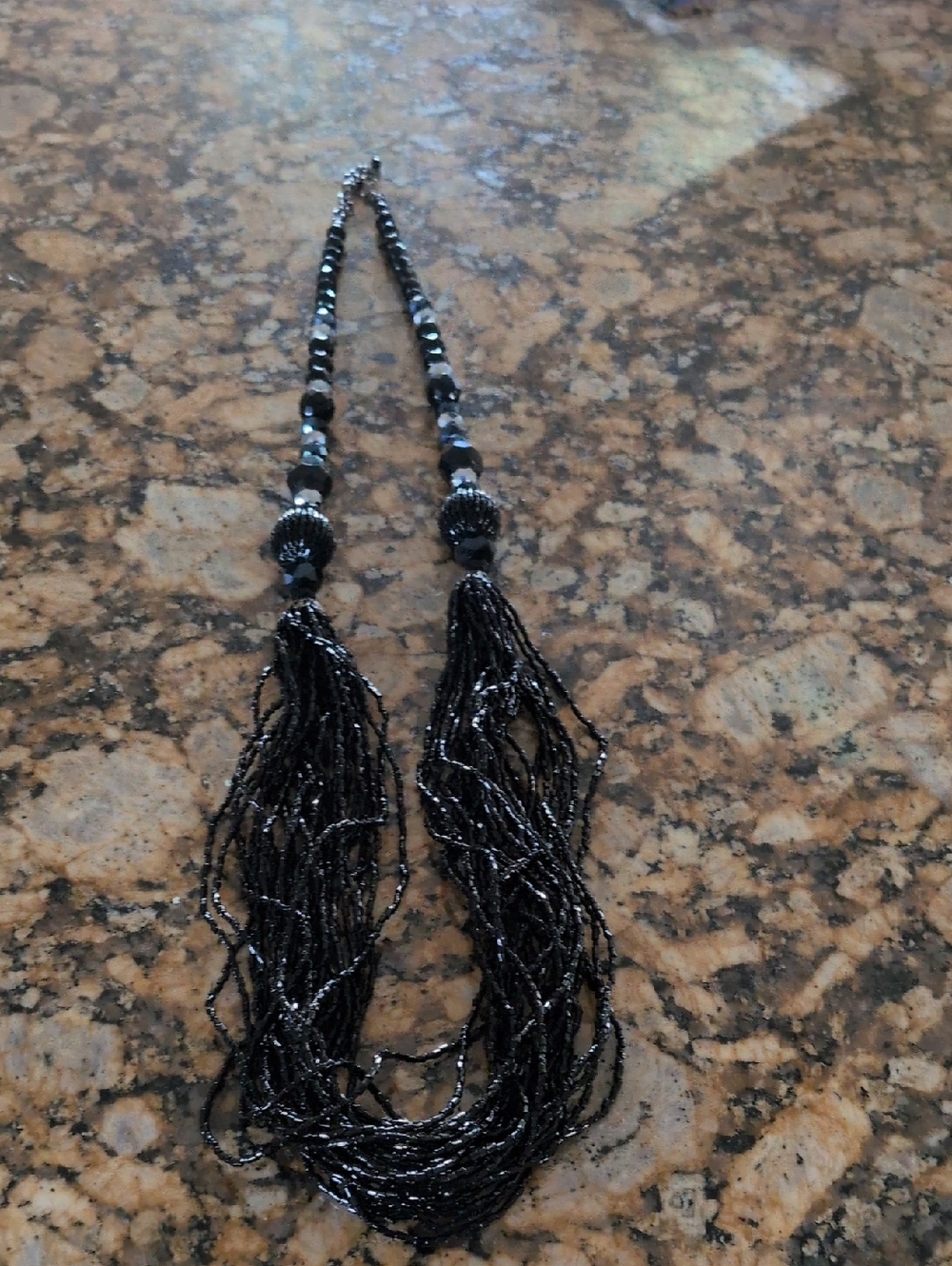 Black Multi-Strand Beaded Tassel Necklace